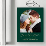 Boho Photo Arch Emerald Green Gold Save the Date Magnetic Invitation<br><div class="desc">This simple,  minimalist boho Save the Date magnetic card features an arch-shaped photo above the words "Save the Date" in elegant gold-coloured handwriting script,  followed by the couple's names,  wedding date and city in sans serif font on an emerald green background.</div>
