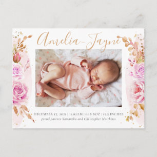 Boho Photo Baby Girl Birth Announcement Postcard