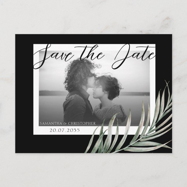 Boho Photo Foliage Black & White Save the Date  Postcard (Front)