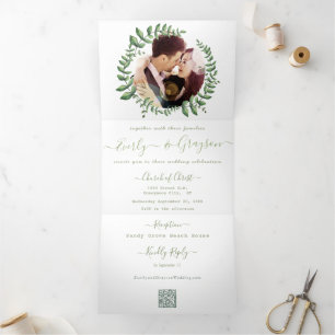 Boho Photo Green Eucalyptus Wreath Wedding Tri-Fold Invitation