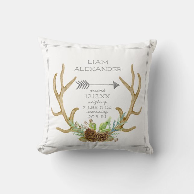 BOHO Pine Forest Deer Antler Arrow Baby Birth Stat Throw Pillow (Front)