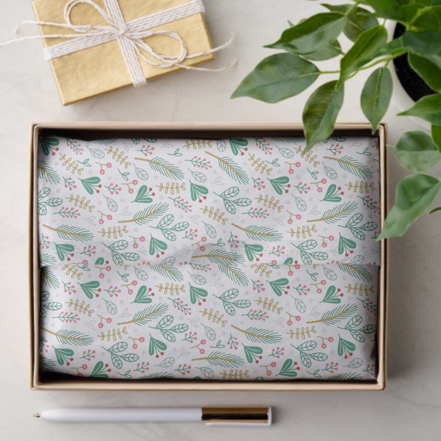 Boho Pine Needle Leaf Berries Christmas Pattern Tissue Paper (Gift)