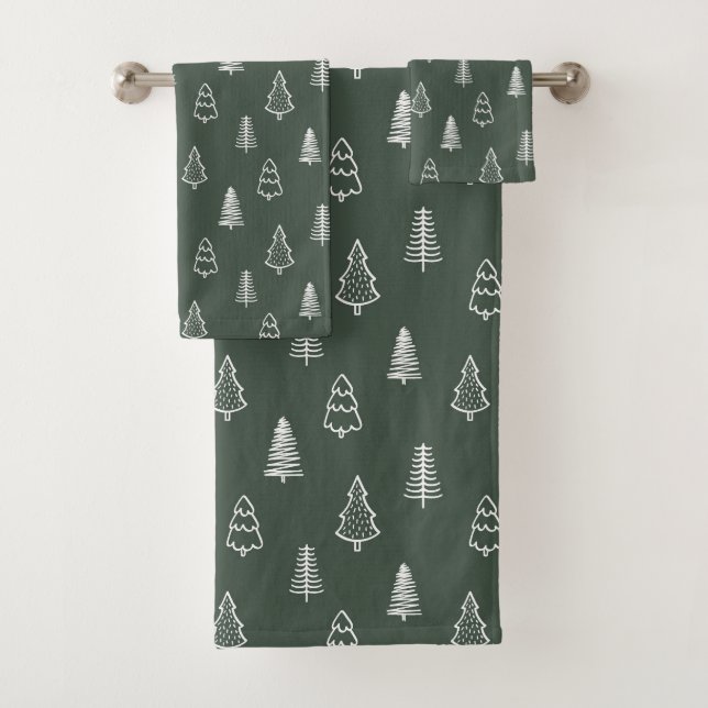 Boho Pine Trees Modern Winter Forest Dark Green Bath Towel Set (Insitu)