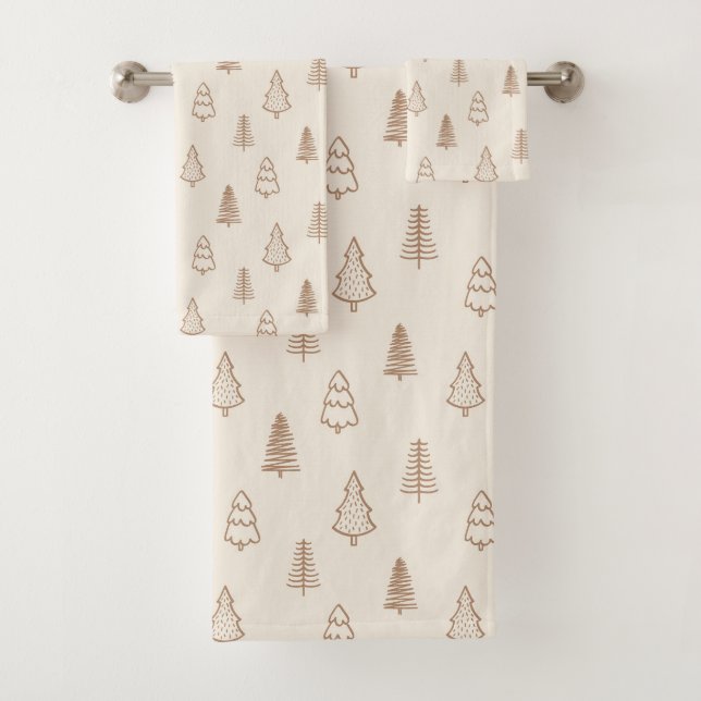 Boho Pine Trees Modern Winter Forest Neutral Beige Bath Towel Set (Insitu)