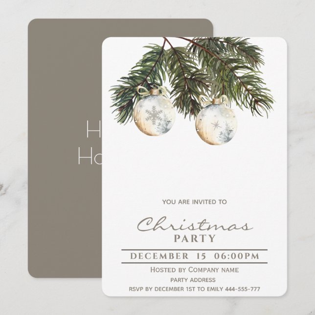 Boho pine watercolor Christmas balls Holiday  Invitation (Front/Back)