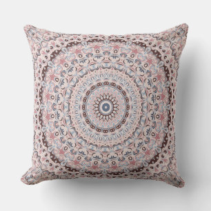 Boho Pink and Blue Mandala Pattern Throw Pillow