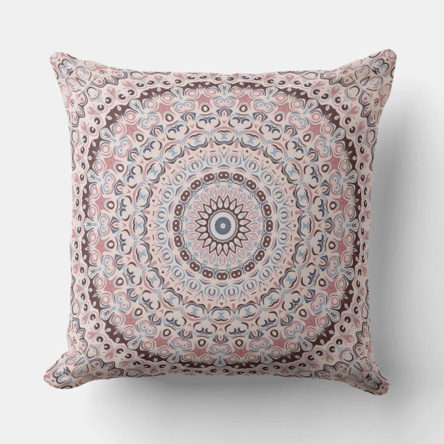 Boho Pink and Blue Mandala Pattern Throw Pillow (Front)