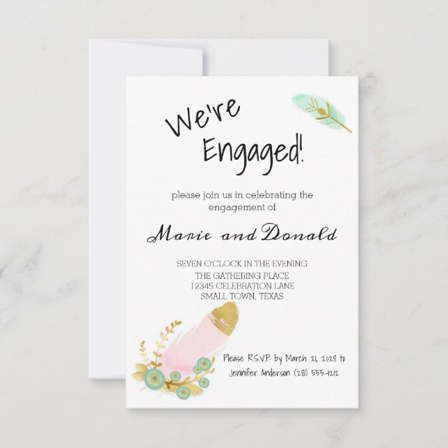 Boho Pink and Gold Feathers Engagement Invitation (Front)