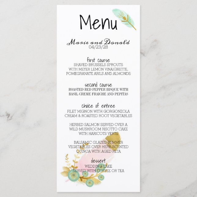 Boho Pink and Gold Feathers Menu (Front)
