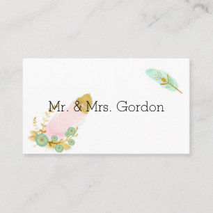 Boho Pink and Gold Feathers Place Card