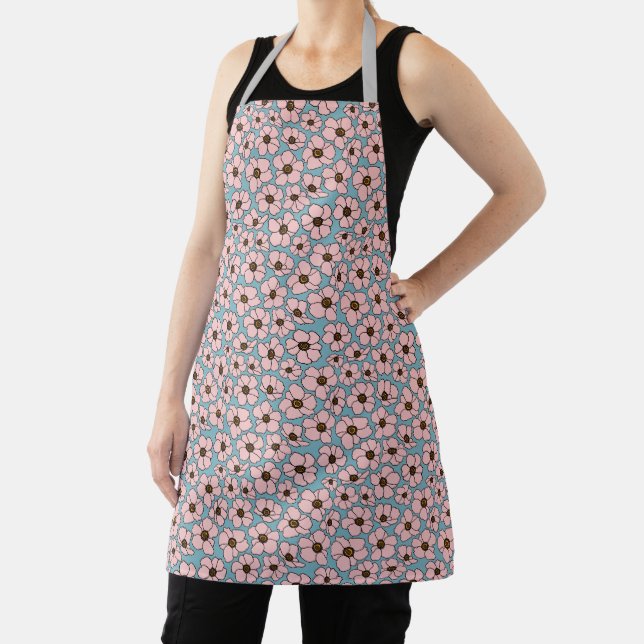 Boho Pink And Teal Blue Floral Print Apron (Insitu)