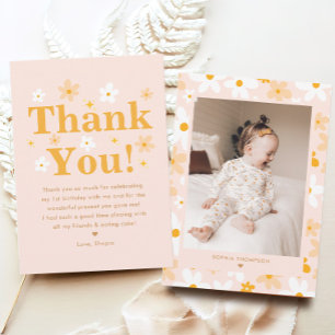 Boho Pink and Yellow Photo Daisy Birthday  Thank You Card