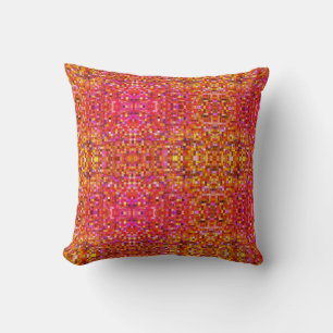 Boho Pink and Yellow Square Pattern Throw Pillow