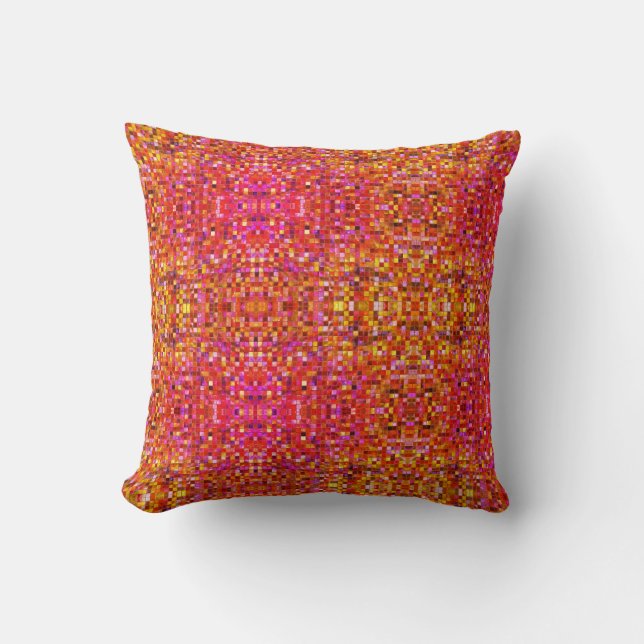 Boho Pink and Yellow Square Pattern Throw Pillow (Front)