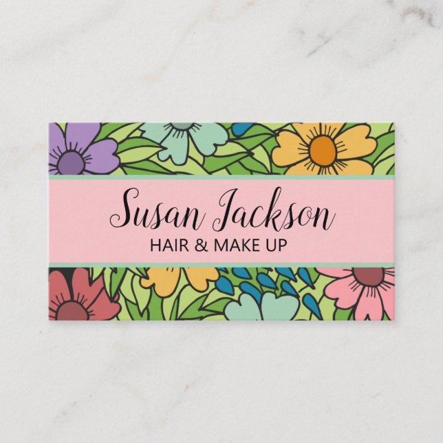 Boho Pink Aqua Gold Happy Floral  Business Card (Front)