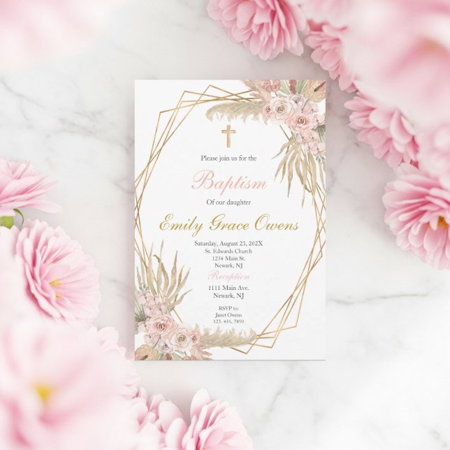 Boho pink baptism invitation (Creator Uploaded)