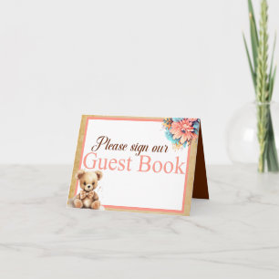 Boho Pink Bear Baby Shower Guest Book Table Card