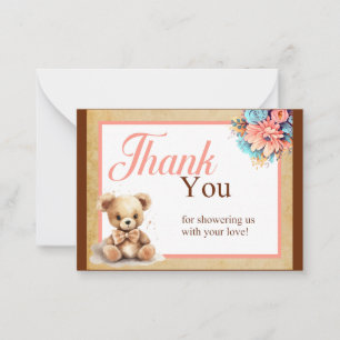 Boho Pink Bear Baby Shower Thank you Note Card