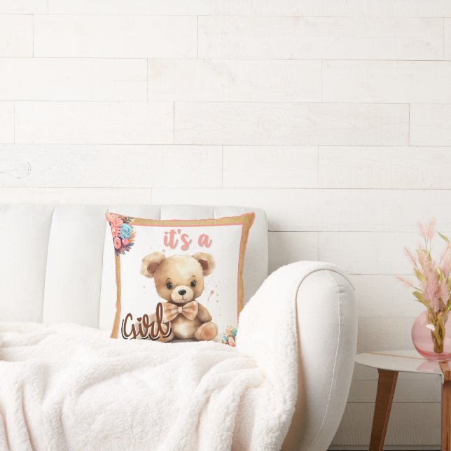 Boho Pink Bear Baby Shower Throw Pillow (Couch)