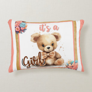 Boho Pink Bear Baby Shower Throw Pillow 