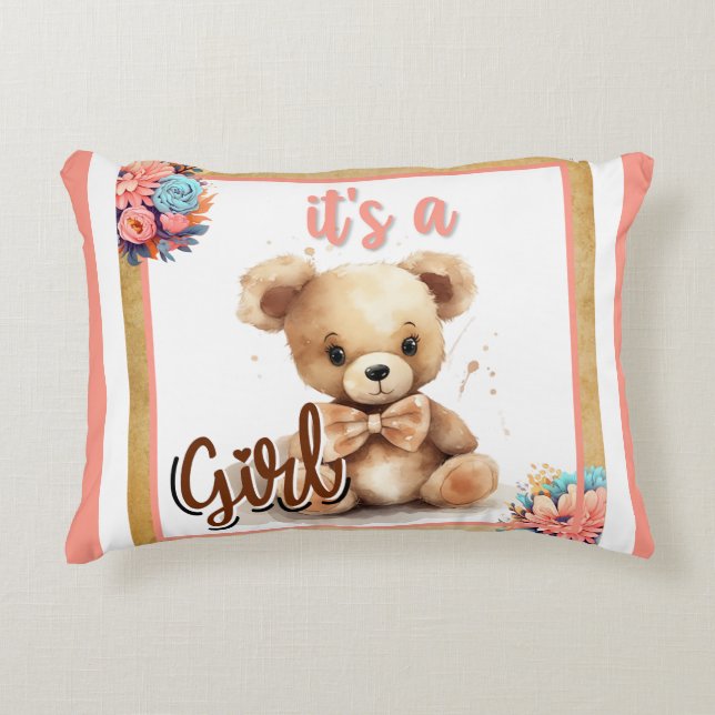 Boho Pink Bear Baby Shower Throw Pillow  (Front)