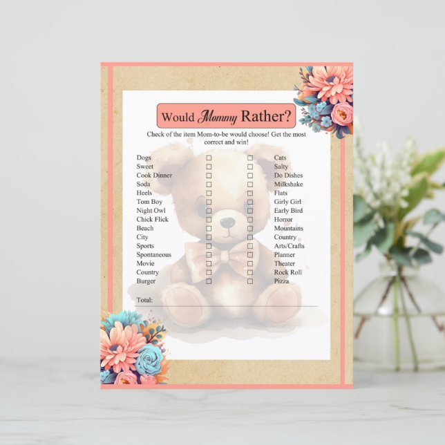 Boho Pink Bear Baby Shower Would Mommy Rather Game (Standing Front)