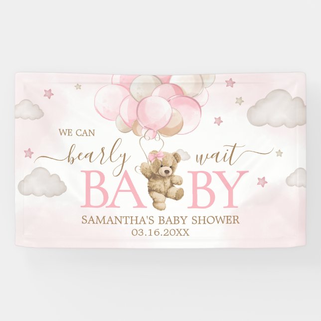 Boho Pink Bear Balloon Baby Shower Banner (Horizontal)