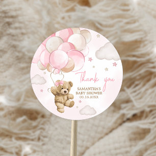 Boho Pink Bear Balloon Baby Shower Classic Round Sticker