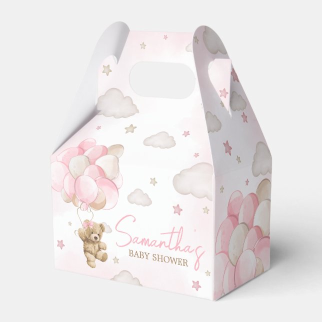 Boho Pink Bear Balloon Baby Shower Favor Box (Front Side)