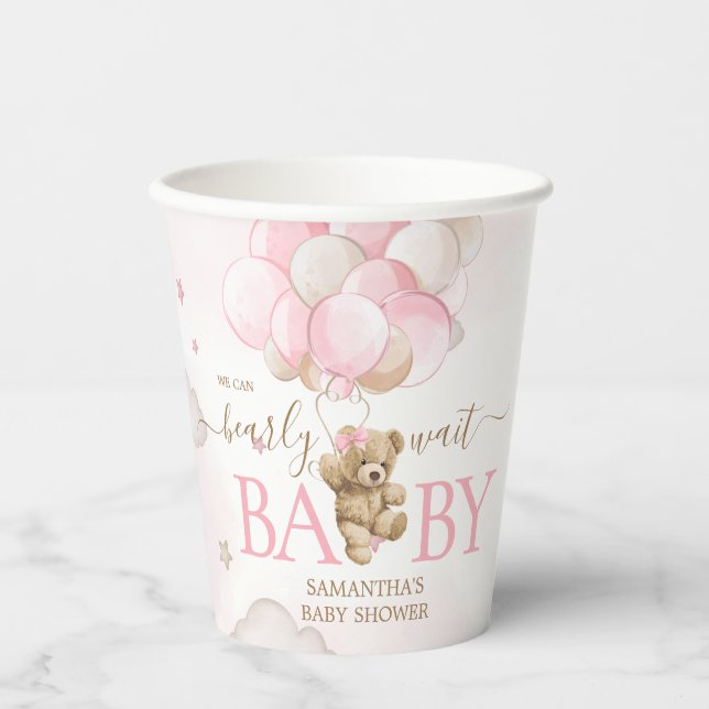 Boho Pink Bear Balloon Baby Shower Paper Cups (Front)