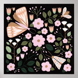 Boho pink black girly floral butterfly moth art poster