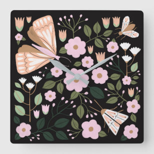 Boho pink black girly floral butterfly moth art sq square wall clock