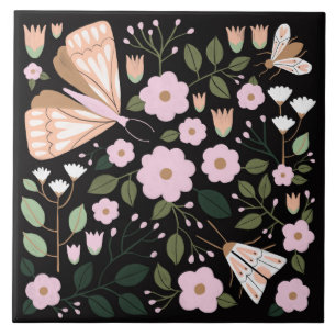 Boho pink black girly floral butterfly moth art tile