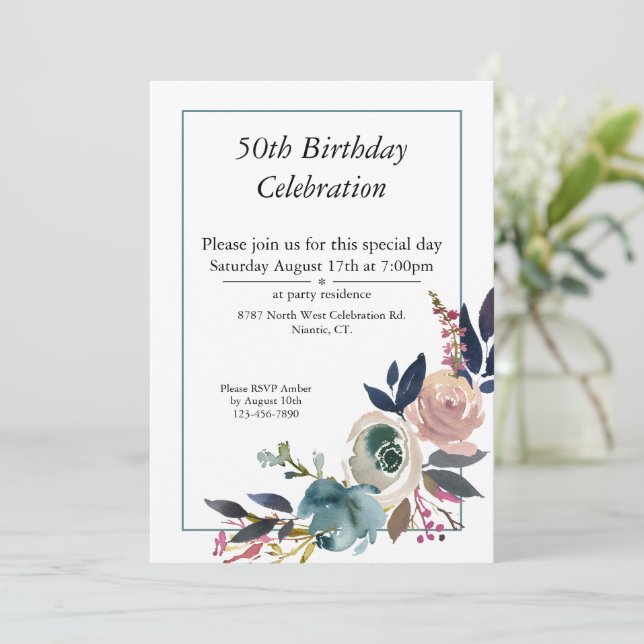 Boho Pink Blue Floral Customizable 50th Birthday  Invitation (Standing Front)