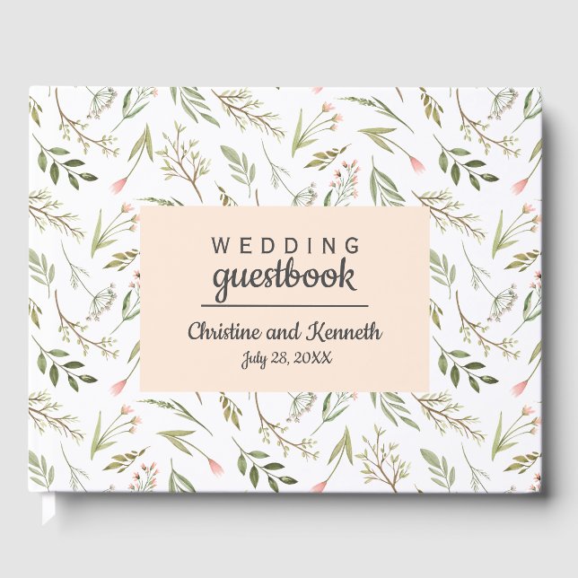 Boho Pink Blue flowers Wedding Personalized Flower Guest Book (Front)