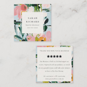 Boho Pink Blue Green Painted Floral Review Request Square Business Card