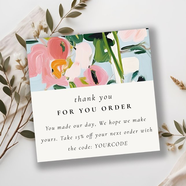 Boho Pink Blue Painted Floral Thank You For Order Square Business Card (Creator Uploaded)