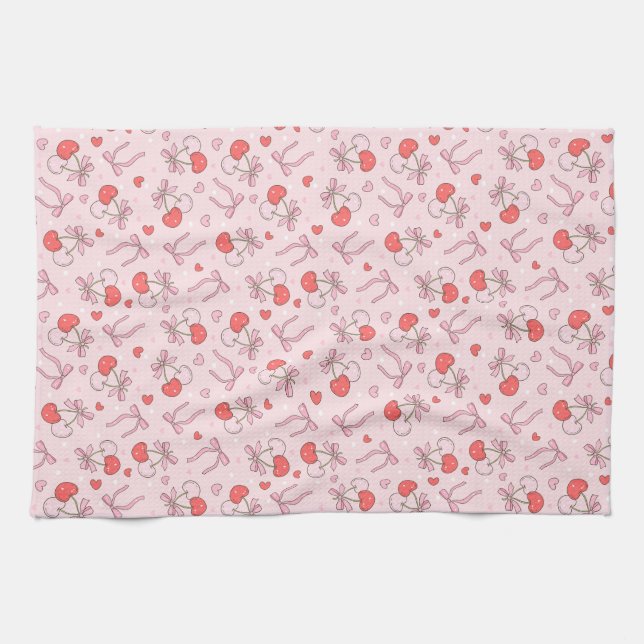 Boho Pink Bow & Berries Kitchen Towel (Horizontal)