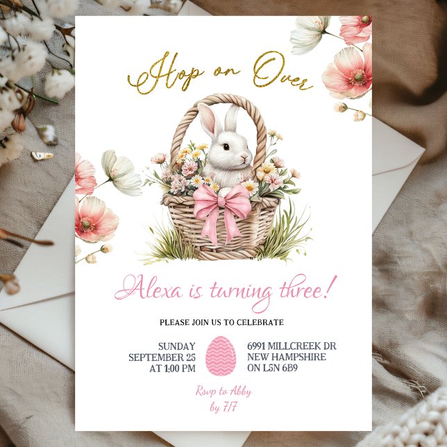 Boho Pink Bow Floral Easter Bunny Birthday Invitation (Creator Uploaded)