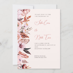 Boho Pink & Brown Flowers & Feathers Cream Wedding Invitation