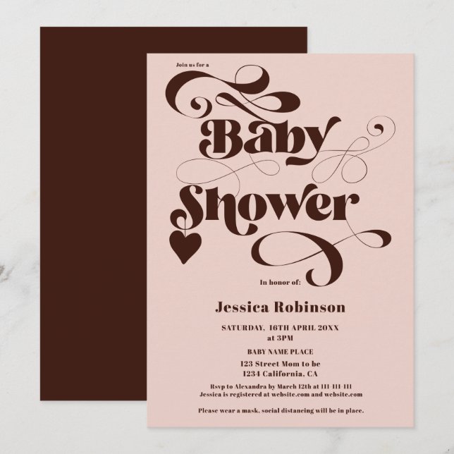 boho pink brown heart script bold baby shower invitation (Front/Back)