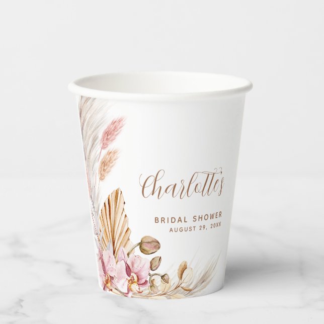 Boho Pink Brown Pampas Grass | Bridal Shower Paper Cups (Front)