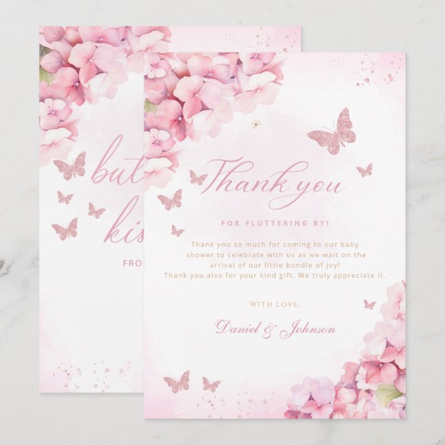 Boho Pink Butterfly Kisses Floral Girl Baby Shower Thank You Card (Front/Back)
