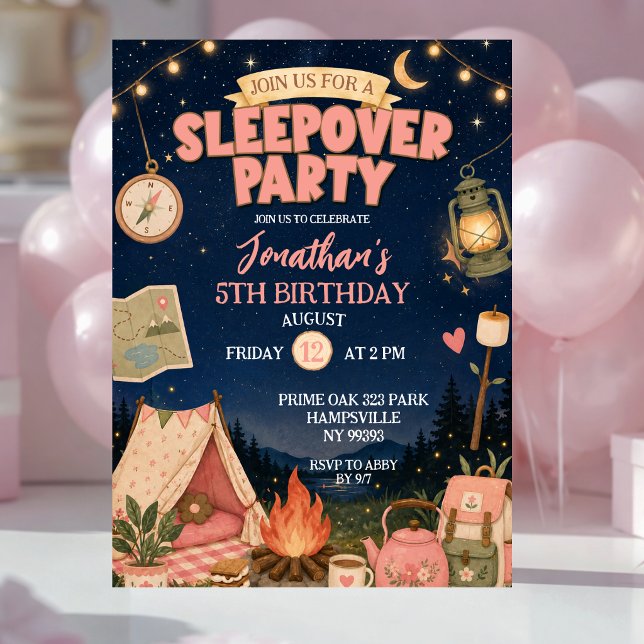 Boho Pink Camp Sleepover Party Birthday Invitation (Creator Uploaded)