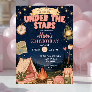 Boho Pink Camp Under The Stars Birthday Invitation
