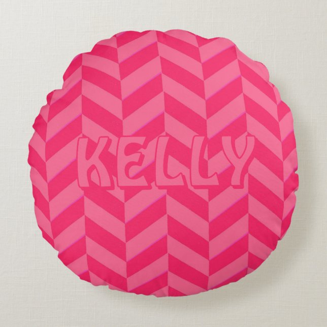 Boho Pink Chevron Ikat Inspired Pattern Red Accent Round Pillow (Front)