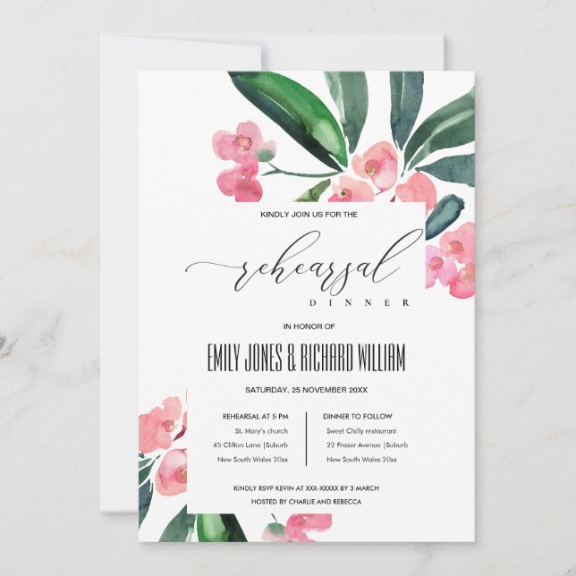 BOHO PINK CHRIST THORN BLOOM REHEARSAL DINNER INVITATION (Front)