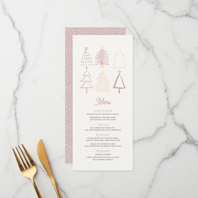 Boho Pink Christmas Trees Holiday Party Menu (Front/Back In Situ)