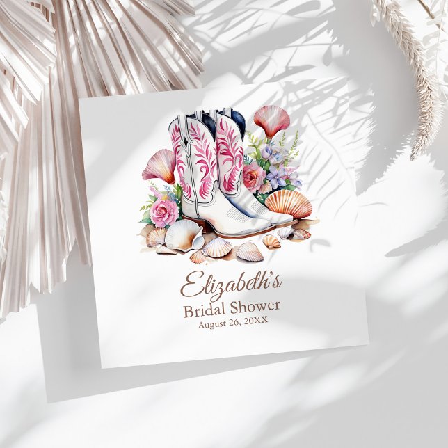 Boho Pink Coastal Cowgirl Boots Bridal Shower Napkin (Boho Pink Coastal Cowgirl Boots Bridal Shower Napkins on a sunny white table.)