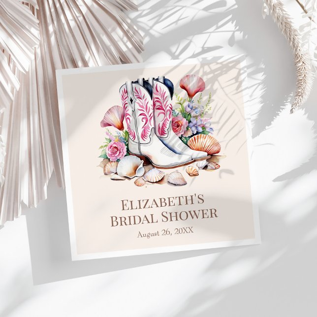 Boho Pink Coastal Cowgirl Boots Bridal Shower Napkin (Boho Pink Coastal Cowgirl Boots Bridal Shower Napkins on a sunny white table.)